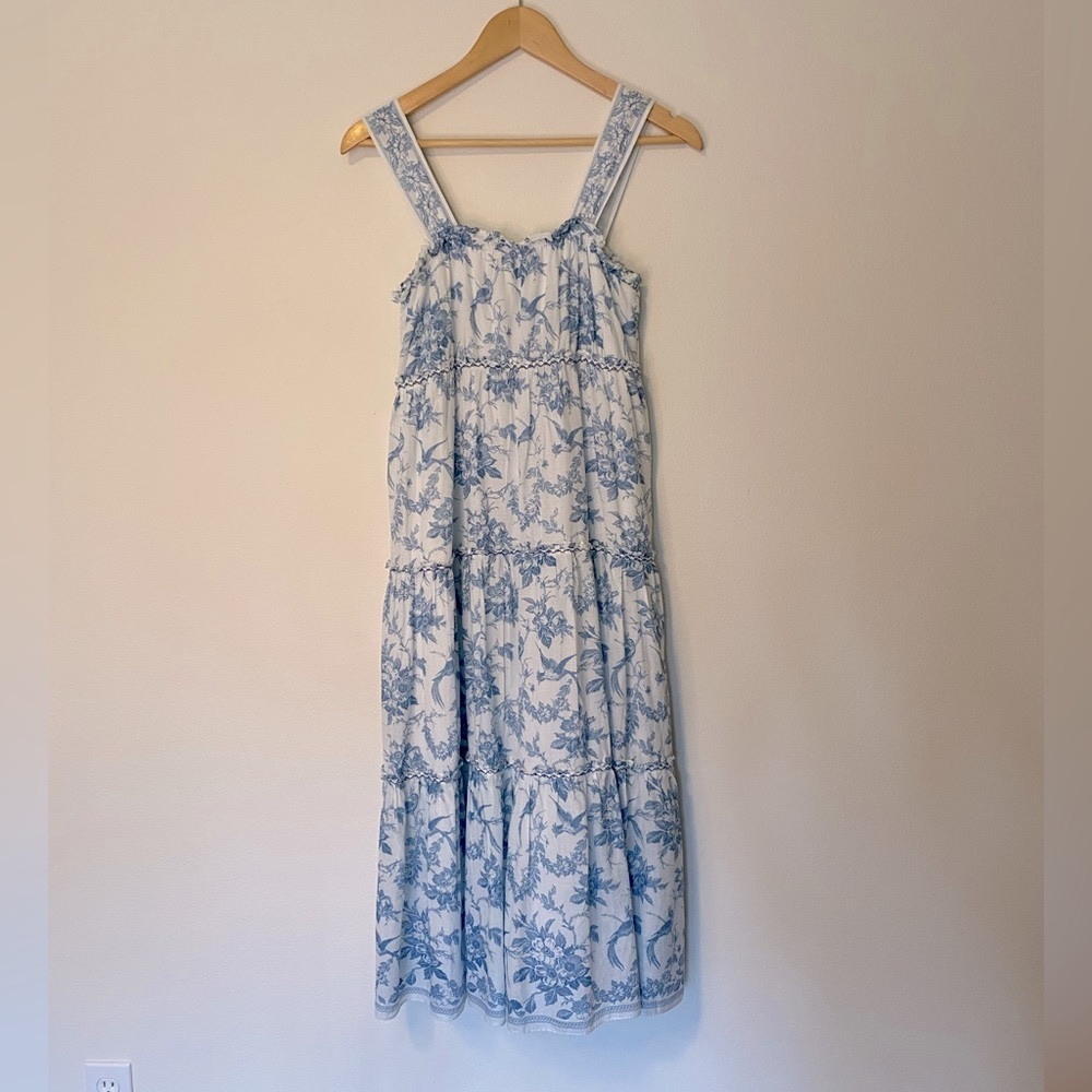 Max Studio White & Blue Tiered Floral Midi Dress Size S